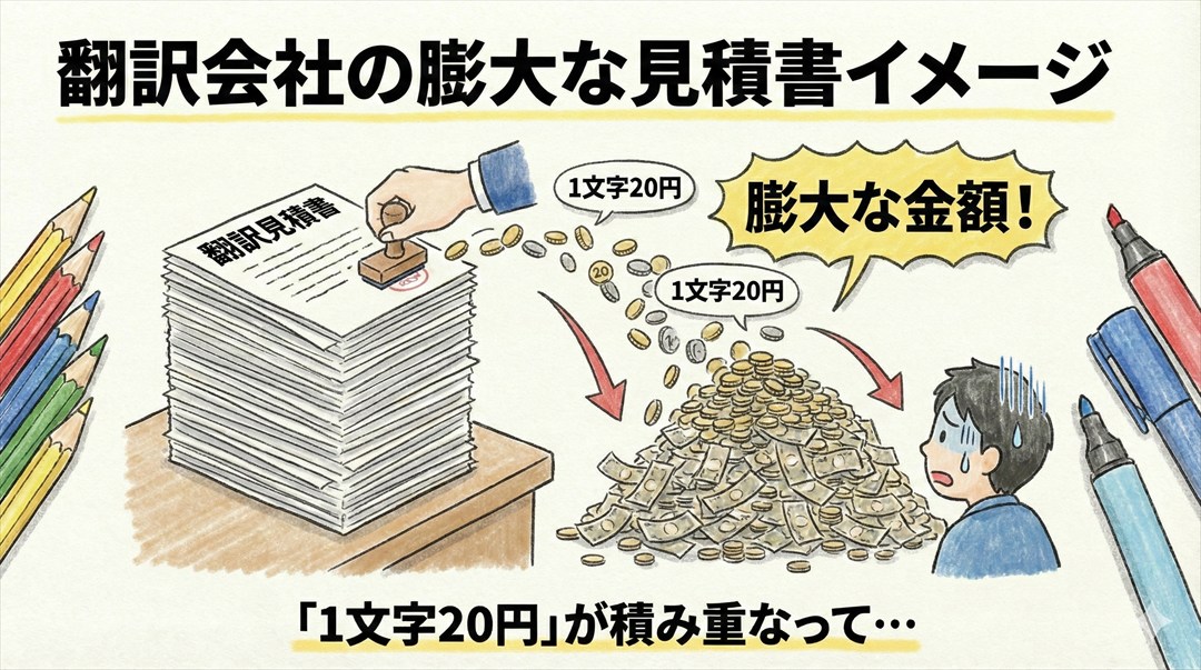 翻訳会社の見積書イメージ。「1文字20円」が積み重なって膨大な金額になっている図