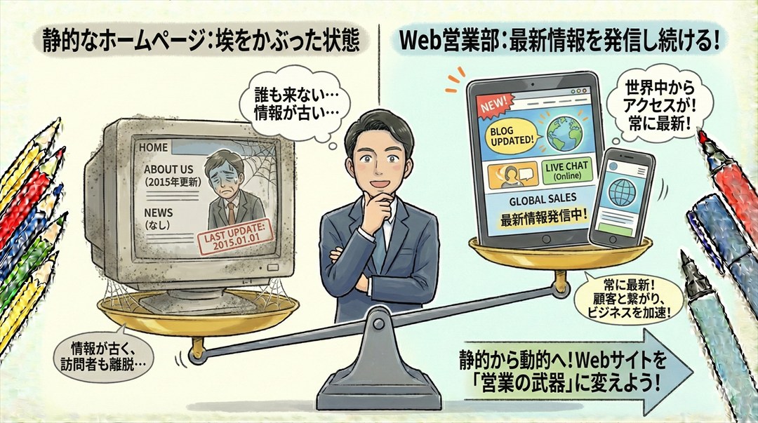 駐在員にかかる膨大なコストと、Web営業部にかかる微々たるコストを天秤にかけたイラスト
