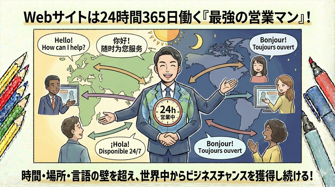 Webサイトが24時間働く営業マンとして、世界中のお客様に対応しているイラスト