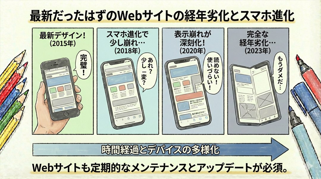 最新だったはずのWebサイトが、スマホの進化と共に表示崩れを起こしていく経年劣化の図