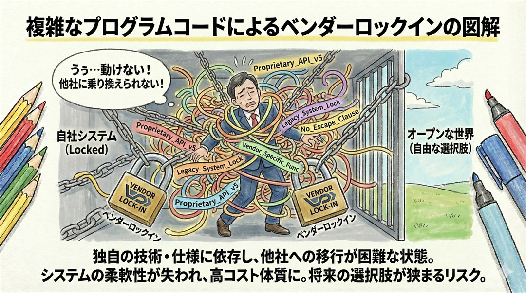 複雑なプログラムコードに縛られ、身動きが取れなくなっている経営者のイラスト（ベンダーロックインの図解）