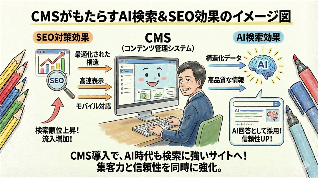 CMSと、それが生み出すSEO効果のイメージ図