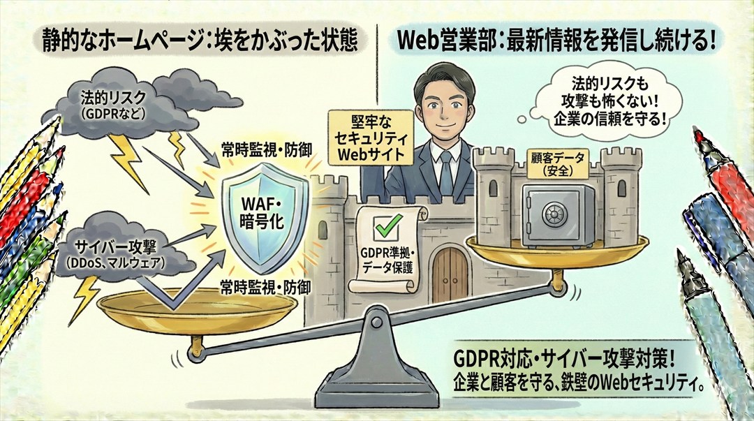 埃をかぶった静的なホームページ（左）と、最新情報を発信し続ける活気あるWeb営業部（右）の対比イラスト