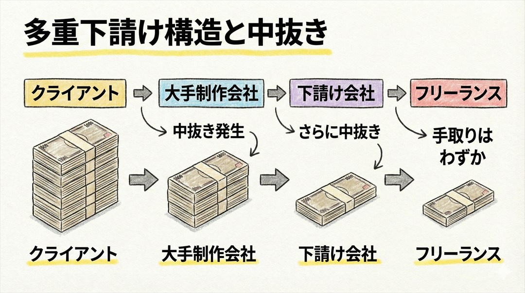 クライアント→大手制作会社→下請け会社→フリーランスという多重下請け構造の図。お金が中抜きされている様子