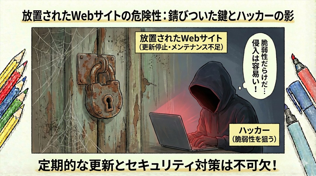 鍵が錆びついた古い家のドア（放置されたWebサイト）と、それを狙うハッカーのシルエット