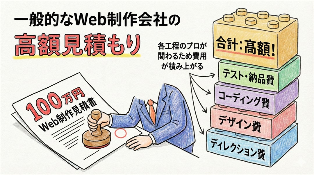 一般的なWeb制作会社の高額見積もりの内訳図。ディレクション費、デザイン費、コーディング費などが積み上がっていく様子