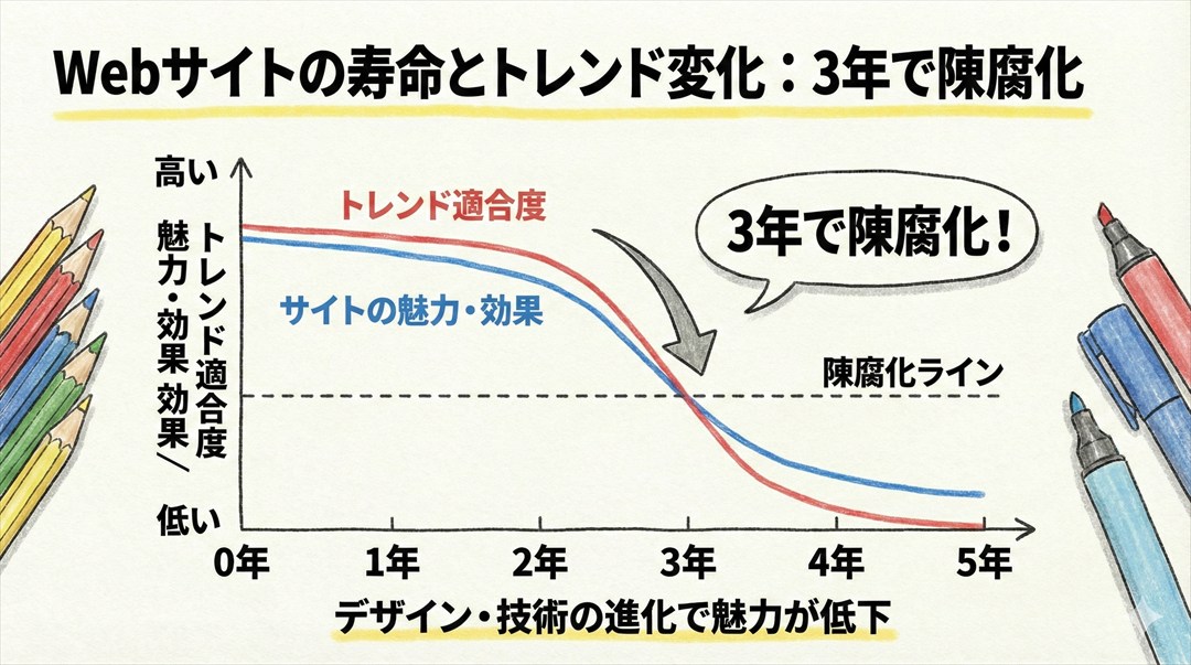 Webサイトの寿命とトレンドの変化を表すグラフ。3年で陳腐化する様子を描写
